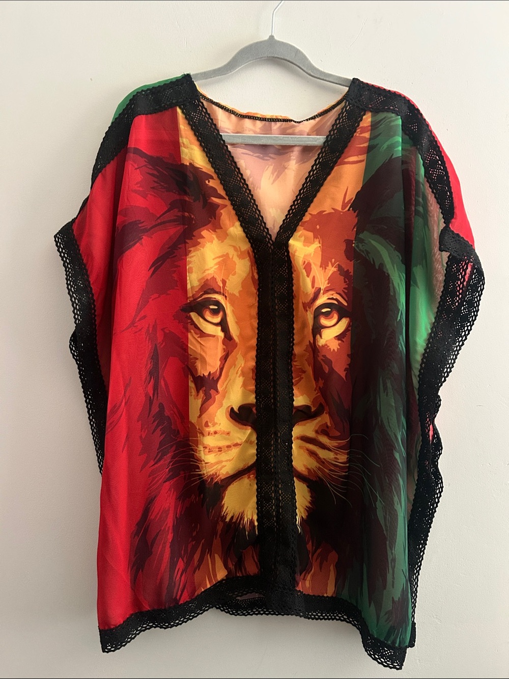 Women's Lion-Print V-Neck Swim Coverup in Red, Yellow & Green
